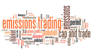 Emissions trading - international environmental issues and concepts tag cloud illustration. Word cloud collage concept.